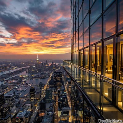 A breathtaking sunset viewed from a high-rise's glass balcony, reflecting vibrant oranges…