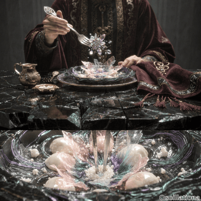 Top section of a surreal dining scene with a person in medieval-style clothing, rich red …