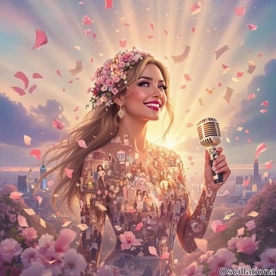 A radiant woman with long, flowing hair and a floral crown stands confidently, holding a …