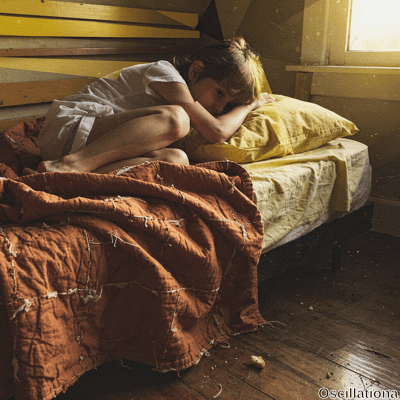 A melancholic blonde girl with ponytail and sad expression sits cross-legged on low attic…