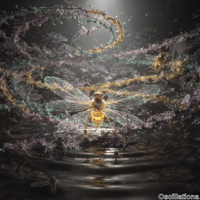 A surreal scene with a large, luminous insect, possibly a bee or wasp, featuring detailed…