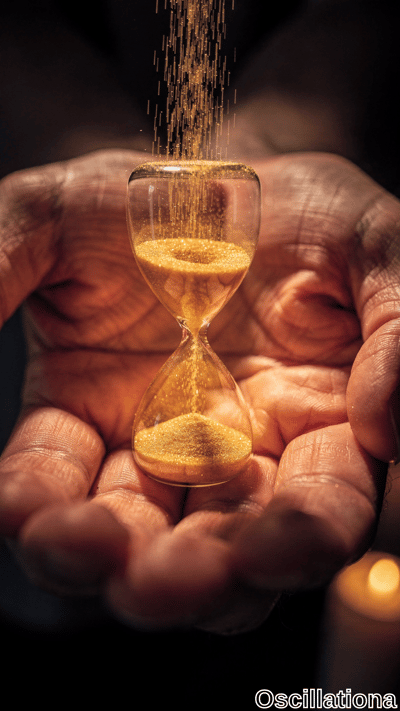 A close-up of hands delicately holding a small hourglass with golden sand flowing dynamic…