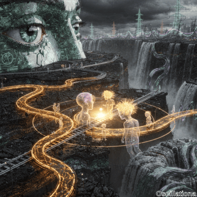 A surreal scene with a massive, cracked face structure adorned with circuit-like patterns…