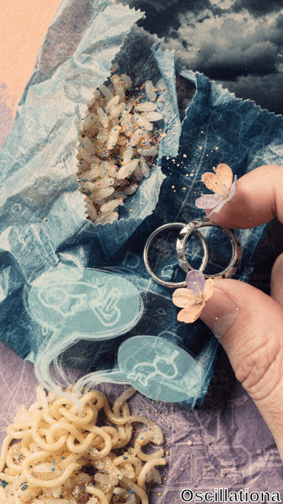 Surreal vertical collage: manicured hand with orange nails and tiny dried orange-purple f…
