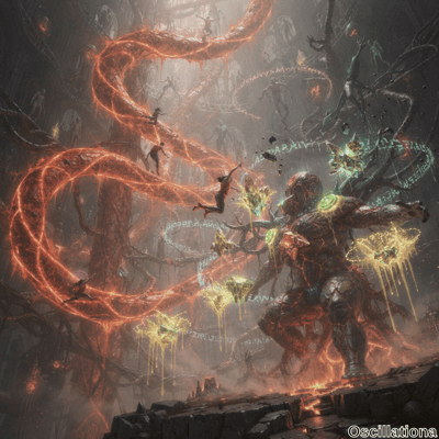 A large, armored humanoid creature with multiple arms holding green crystals glows orange…