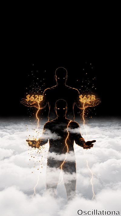 Two silhouetted figures with glowing orange eyes stand on clouds, arms raised holding gol…