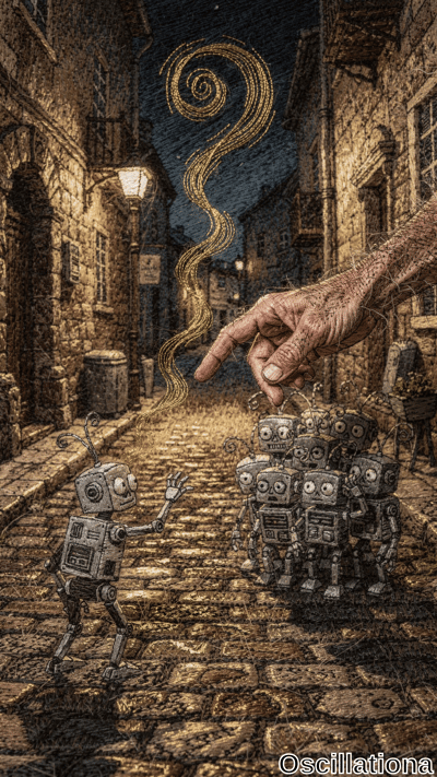 Surreal night scene in a sepia-toned, oil-painting style cobblestone alley of an old Euro…