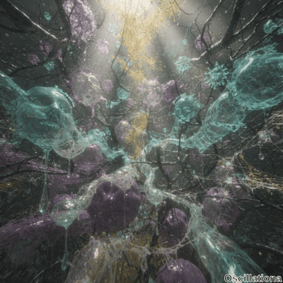 "Surreal scene with translucent teal and purple bubbles resembling human faces, connected…