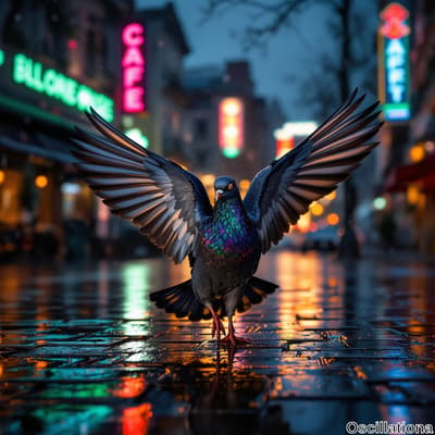 A pigeon with iridescent green, blue, and purple feathers stands on a wet, reflective str…