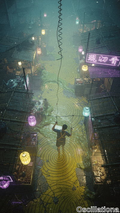 Aerial top-down view of foggy cyberpunk wet market alley at night in teal haze & neon pin…