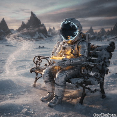 A futuristic silver astronaut in a detailed spacesuit with glowing blue snowflake visor m…