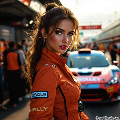 A young woman in a vibrant orange racing suit with "DREVULAR" and "RALLY" patches gazes c…