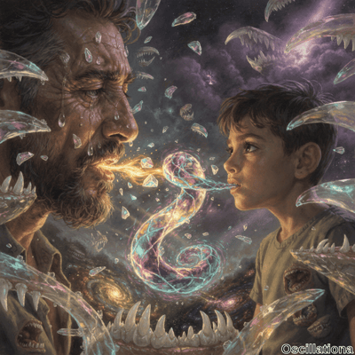 "Surreal scene of an older man and young boy facing each other, exhaling vibrant, glowing…
