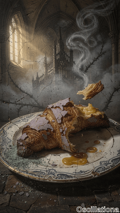 Surreal flaky golden croissant dusted purple-gray mold, broken open oozing yellow custard…