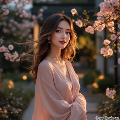 A young woman with flowing hair stands amidst blooming cherry blossoms at sunset, wearing…
