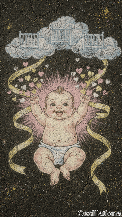 Chalk drawing on dark cracked asphalt with pink, yellow, blue, white star specks. Joyful …