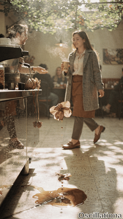 Sunlit cozy coffee shop with golden bokeh, hanging greenery: bearded barista hands to-go …