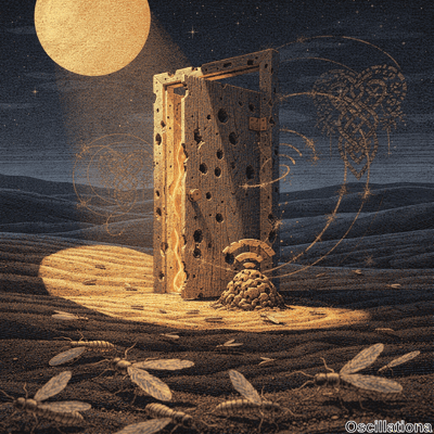 Surreal etched woodcut of starry indigo night over blue-gray dunes lit by massive golden …