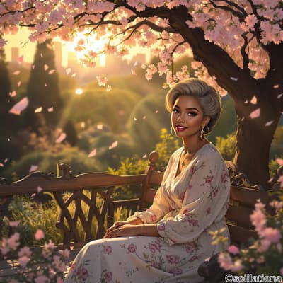 A woman with curly blonde hair sits elegantly on a wooden bench amidst a serene outdoor s…