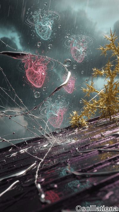 A surreal scene with a cloudy, rainy sky backdrop; multiple translucent, holographic hear…