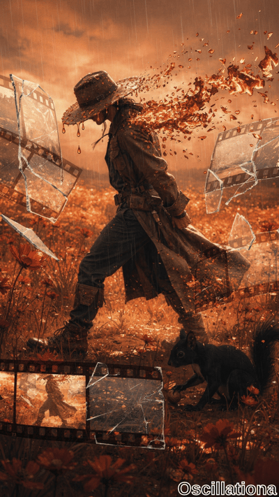 Surreal cinematic artwork of weathered cowboy in dripping hat and trench coat striding ra…