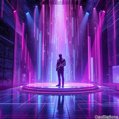 A silhouette of a person on a circular platform, guitar in hand, stands under vibrant neo…