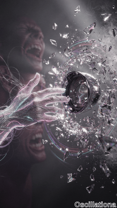 Surreal digital art with two blurred, screaming faces in red and brown hues in the backgr…