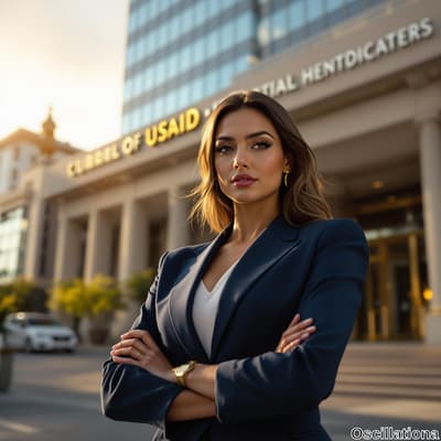 A confident woman in a navy blazer and white top stands with crossed arms, exuding poise …