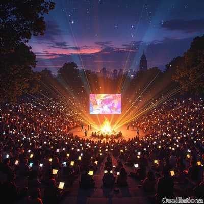 A vibrant dusk gathering in a park-like amphitheater with a large, colorful screen displa…