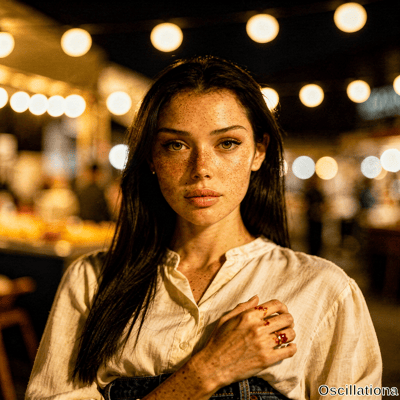 Freckled woman with dark hair and hazel eyes gazes at camera in warm light, hand on chest…