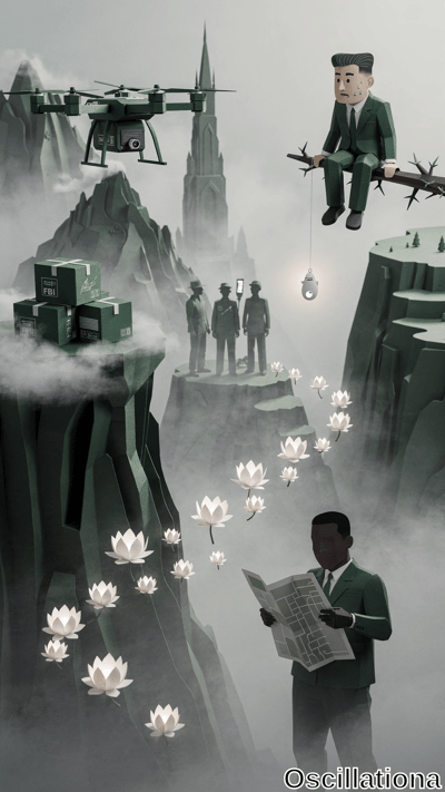 Surreal low-poly 3D papercraft in misty emerald cliffs: hovering green DJI drone spies go…