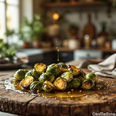 A rustic wooden table holds a vibrant heap of roasted brussels sprouts, showcasing shades…