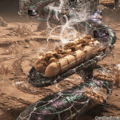 A large hot dog adorned with chili, cheese, and toppings sits on a futuristic, iridescent…