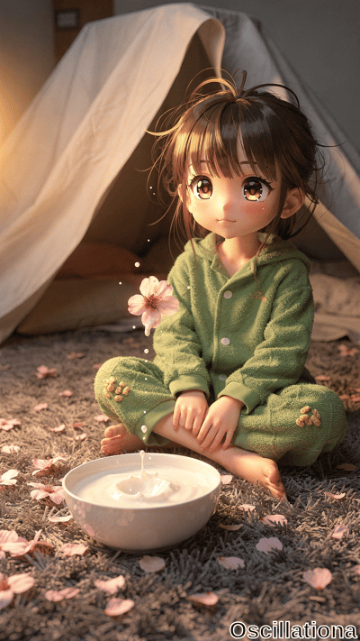 Chibi anime girl with messy brown hair, sparkling eyes, and rosy cheeks in green hooded c…