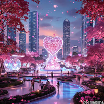A romantic park scene at twilight with cherry blossoms and couples strolling on elegant p…