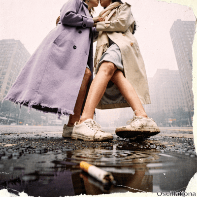 Two women passionately kiss embracing ankle-deep in reflective puddle with cigarette butt…