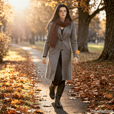 A young woman with long wavy dark hair and freckles walks toward the viewer on a path cov…