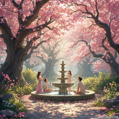 A serene garden scene with majestic trees adorned in pink blossoms, creating a fairy-tale…
