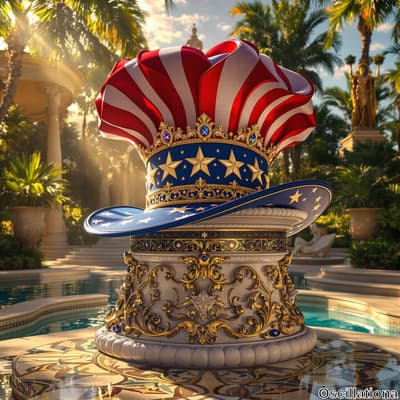 A large, elaborately designed hat styled like Uncle Sam's, with red and white stripes and…