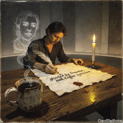 In dimly lit sepia style with vignette, brooding man hunches writing on parchment 'ghoste…