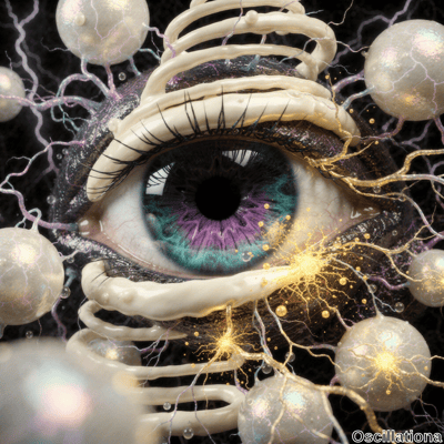 A surreal digital artwork featuring a close-up of a human eye with a vibrant iris in shad…