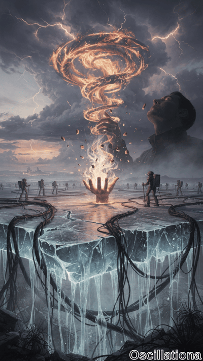 A large, glowing hand emerges from a cracked, icy surface, reaching towards a spiraling v…