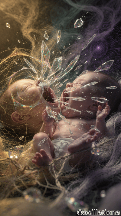 Two distressed babies in a surreal, dreamlike setting; one on the left, one on the right,…