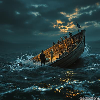 A large wooden boat with a high bow and flag tilts in turbulent waters at night, crowded …