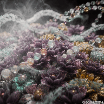 A surreal, dreamlike scene with intricate metallic flowers in purple and gold, surrounded…