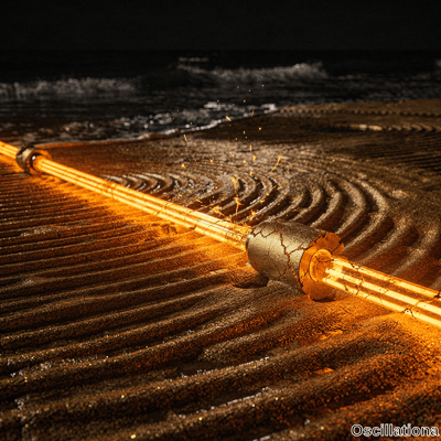 Cinematic nighttime beach scene with neon light tube glowing orange-gold diagonally on ra…