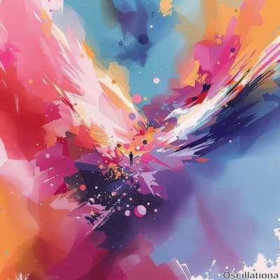 A vibrant abstract digital artwork with a central dark silhouette of a person standing am…
