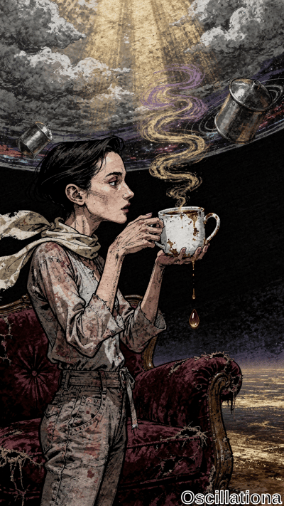 Surreal gritty ink-wash portrait: pensive woman with pale skin, short black hair in fraye…