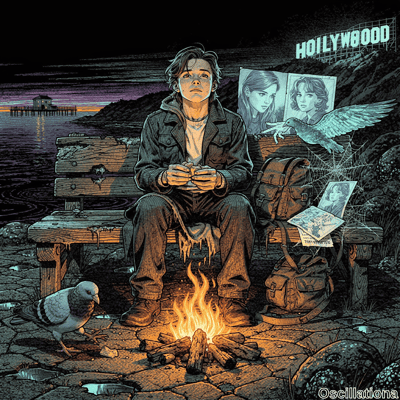 Moody noir-style dusk illustration on rocky ocean cliff: brooding young man in denim jack…