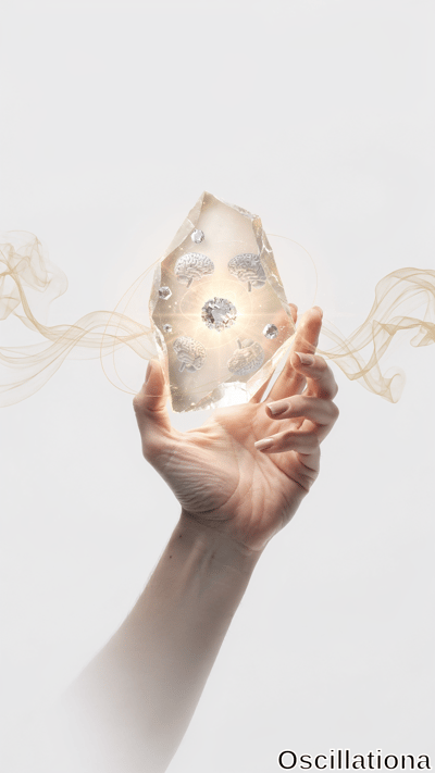 A hand delicately holds a translucent, glowing light beige crystal with a smooth, polishe…